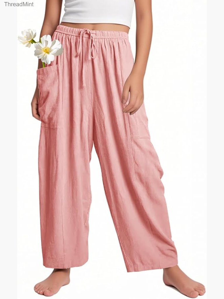 Girls Wide Leg Flow Pants Elastic Waist Palazzo Harem Trousers Pockets